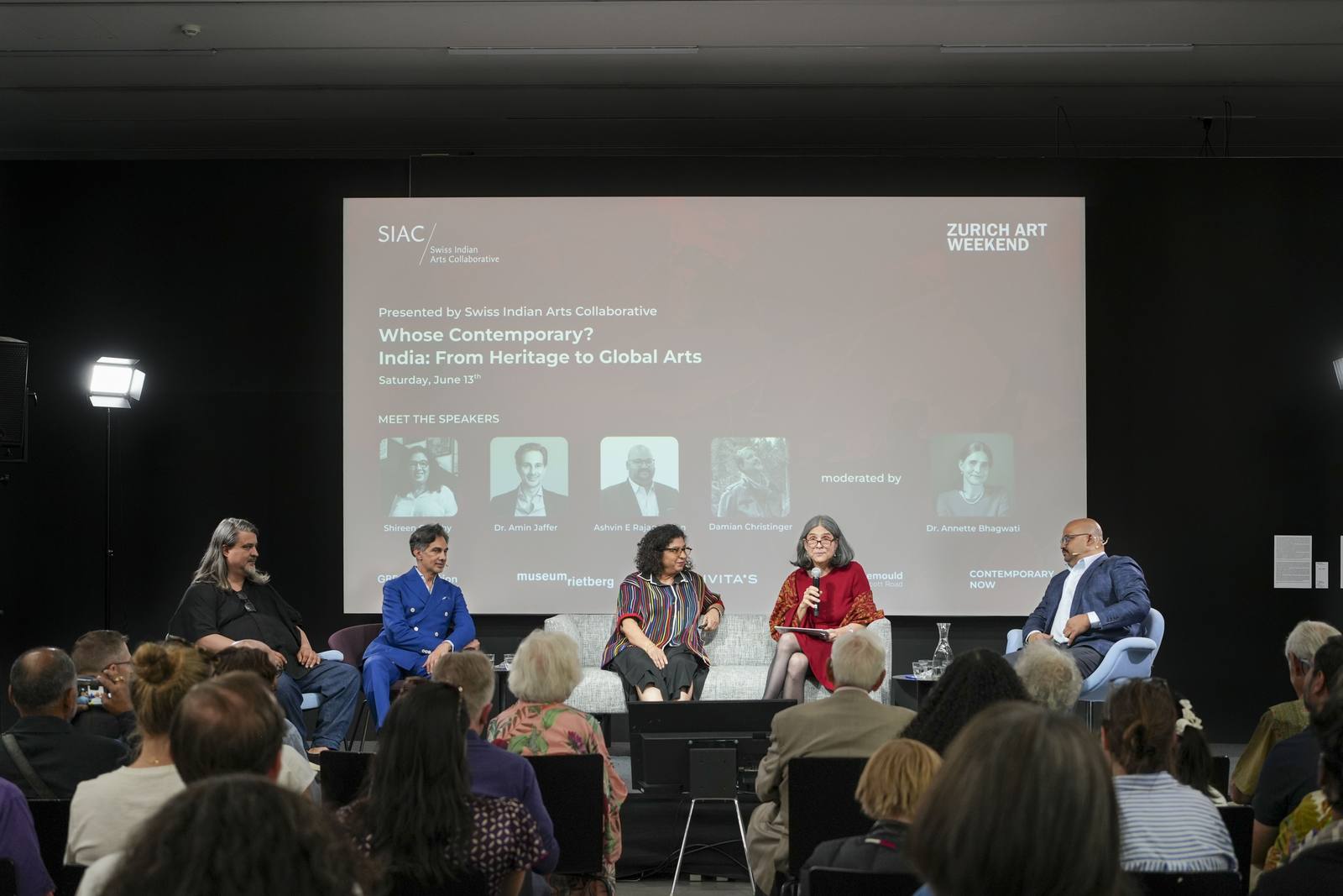 Panel discussion at schwarzescafé, Luma Westbau. From left: Damian Christinger, Amin Jaffer, Shireen Gandhy, Annette Bhagwati, Ashvin E. Rajagopalan